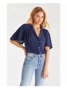Z Supply Evereve Zena Flutter Sleeve  Navy Button-Front Flutter Sleeve Top 🆕